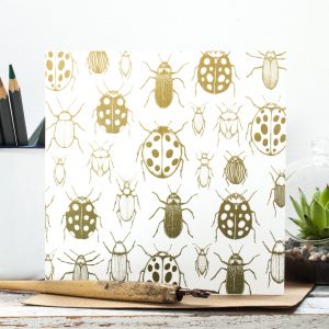 I Like Big Bugs Botanical Blank Gift Card, hand drawn bugs in yellow, green & ochre. Designed in Staffordshire, made in the UK | Jessica Wilde Designs ©