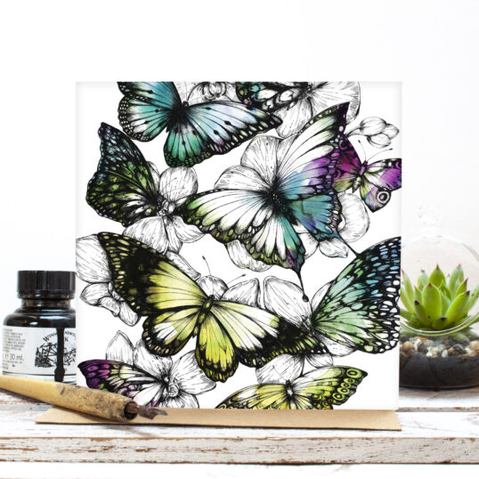 Vibrant and multicoloured blank greetings card featuring hand drawn butterflies, by Jessica Wilde ©