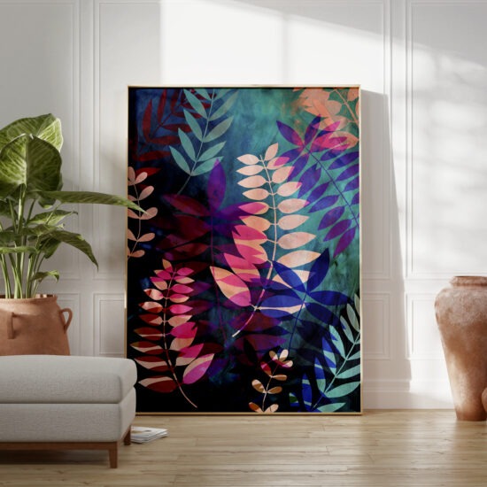 Framed art print featuring layered palm leaves in pink, blue and green.